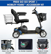Pride Go Go Sport 4 Wheel Mobility Scooter + Pride Mobilty Cell Phone Mount, XLR Phone Charger, Mobility Yours Rear Basket, New Easy Turn Feature, LED Headlight, 325 Lbs Capacity, Warranty