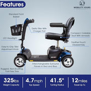 Pride Go Go Sport 4 Wheel Mobility Scooter + Pride Mobilty Cell Phone Mount, XLR Phone Charger, Mobility Yours Rear Basket, New Easy Turn Feature, LED Headlight, 325 Lbs Capacity, Warranty