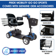 Pride Go Go Sport 3-Wheel Mobility Scooter | Rear Basket, Cup Holder & Saddle Bag Included