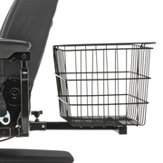 Black Jazzy rear basket mounted behind a power chair with deluxe contour seating