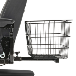 Black Jazzy rear basket mounted behind a power chair with deluxe contour seating