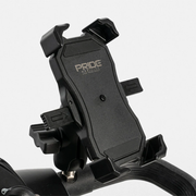 Black Pride Mobility cell phone holder mounted on a mobility scooter handlebar