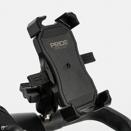 Black Pride Mobility cell phone holder mounted on a mobility scooter handlebar
