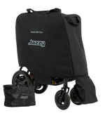 Black Jazzy travel bag covering a power chair, with a smaller battery bag and wheel cover