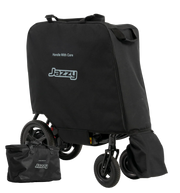 Black Jazzy travel bag covering a power chair, with a smaller battery bag and wheel cover