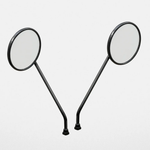 Two round black scooter rearview mirrors with long angled stems