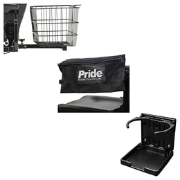 C Style Scooter Accessory Kit showing a black rear basket, Pride small saddle bag, and open cup holder